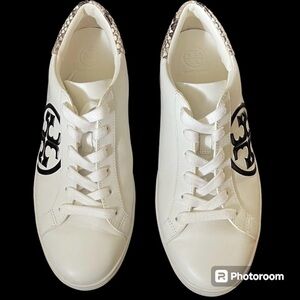 Tory Burch White Leather Sneakers with Black Logo and Snakeskin Heel